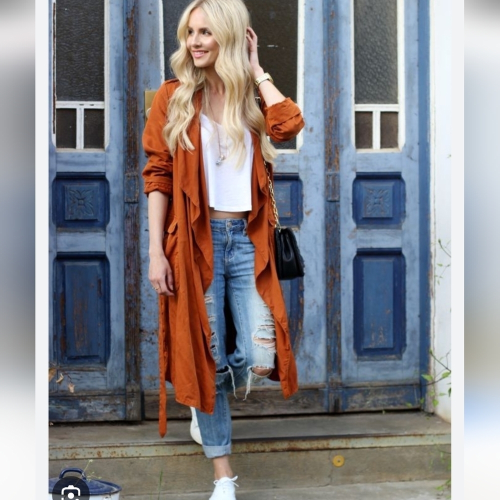 Zara Burnt Orange Loose Fit Trench Coat Belted Preppy Baggy Button-up Sz Small